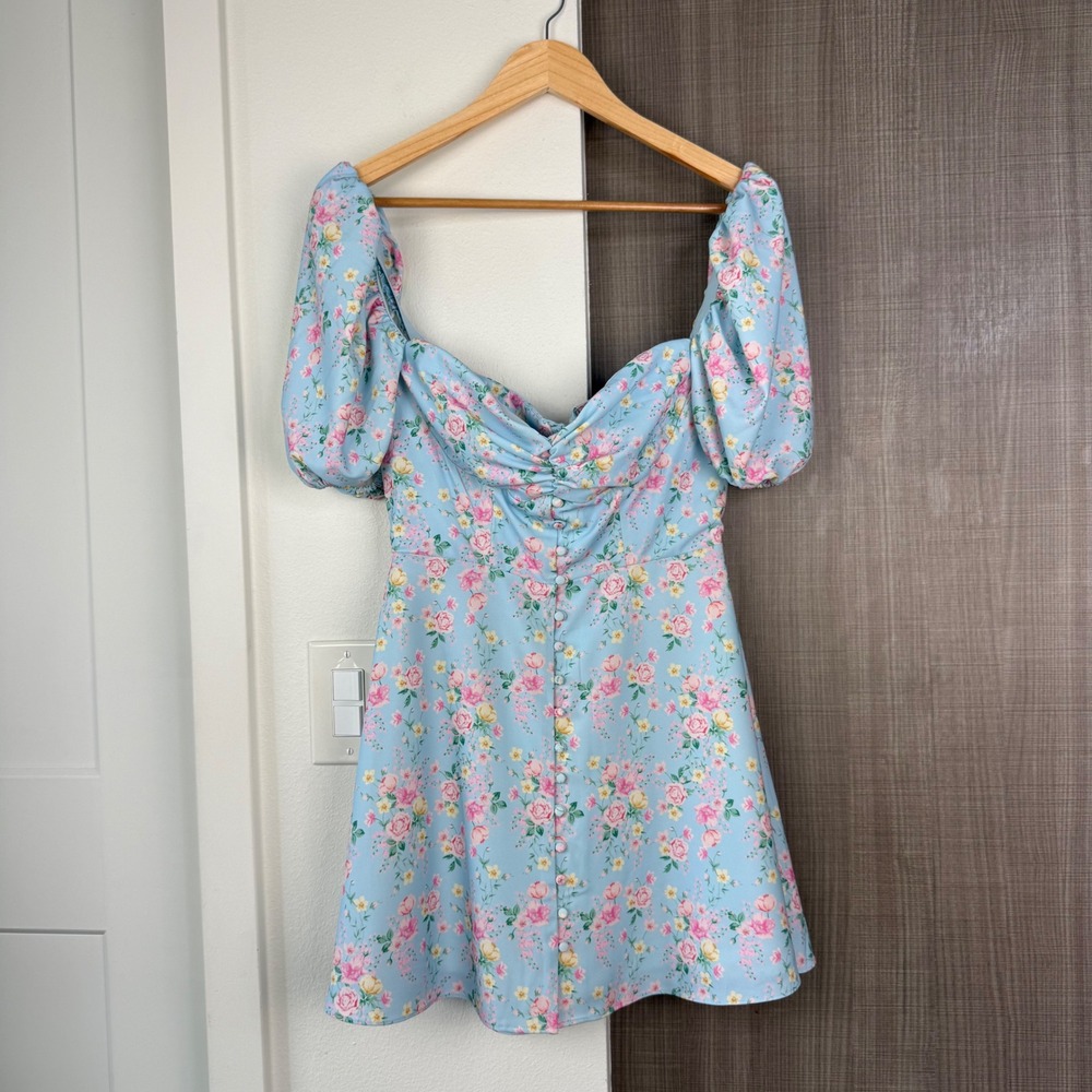 House of CB Blue Floral Aria Mini Sundress Puff Sleeve Size Medium - Picture 5 of 14